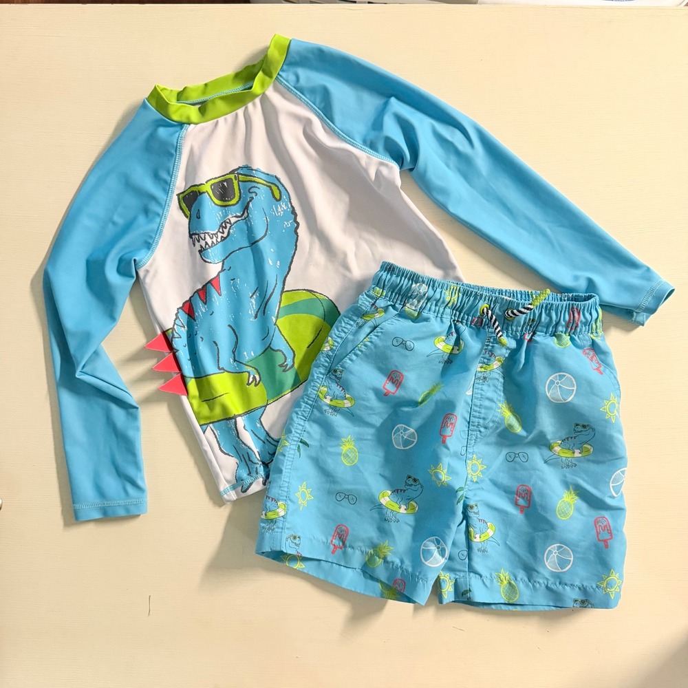 Andy & Evan Boys Blue Dinosaur Rash Guard and Swim Trunks Set Size 5Y